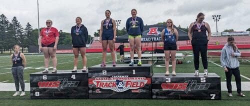 Athens High School Freshman Delaney Beasley (3rd from right): Coached by Lance Bloch, Delaney Beasley placed 3rd in shot put (32 feet, 11 inches) and 9th in discus (93 feet, 7 inches) at the 2024 Freshman State Track & Field Championships.